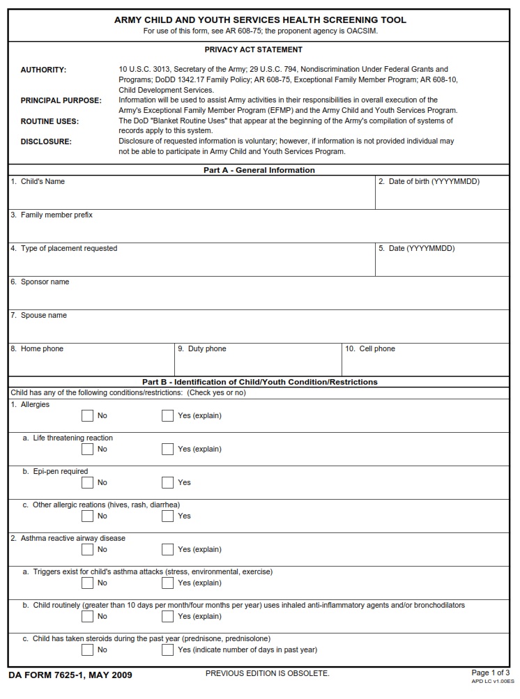 DA FORM 7625-1 - Army Child and Youth Services Health Screening Tool - Page 1