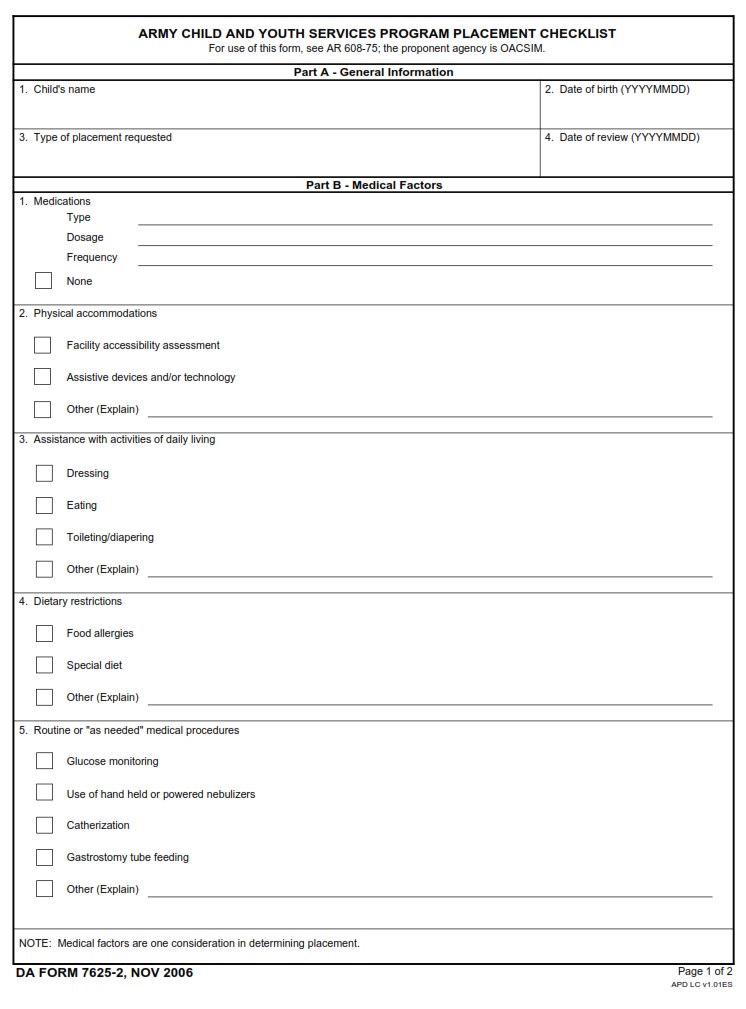 DA FORM 7625-2 - Army Child and Youth Services Program Placement Checklist - Page 1