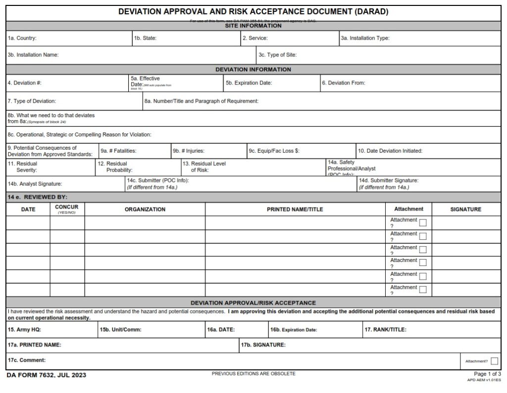 DA FORM 7632 - Deviation Approval and Risk Acceptance Document (DARAD) - Page 1