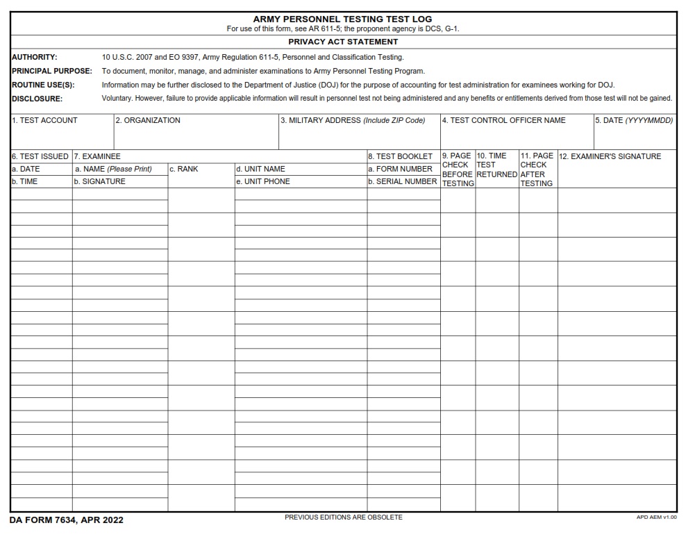 DA FORM 7634 - Army Personnel Testing Test Log