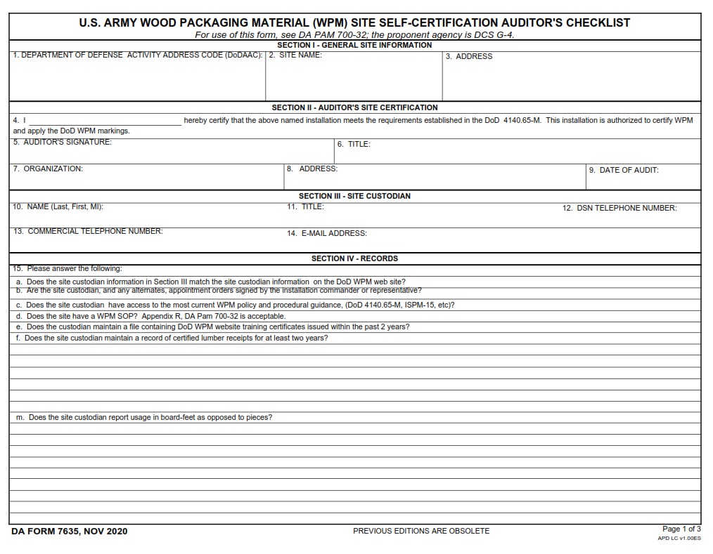 DA FORM 7635 - U.S. Army Wood Packaging Material (WPM) Site Self-Certification Auditor`s Checklist