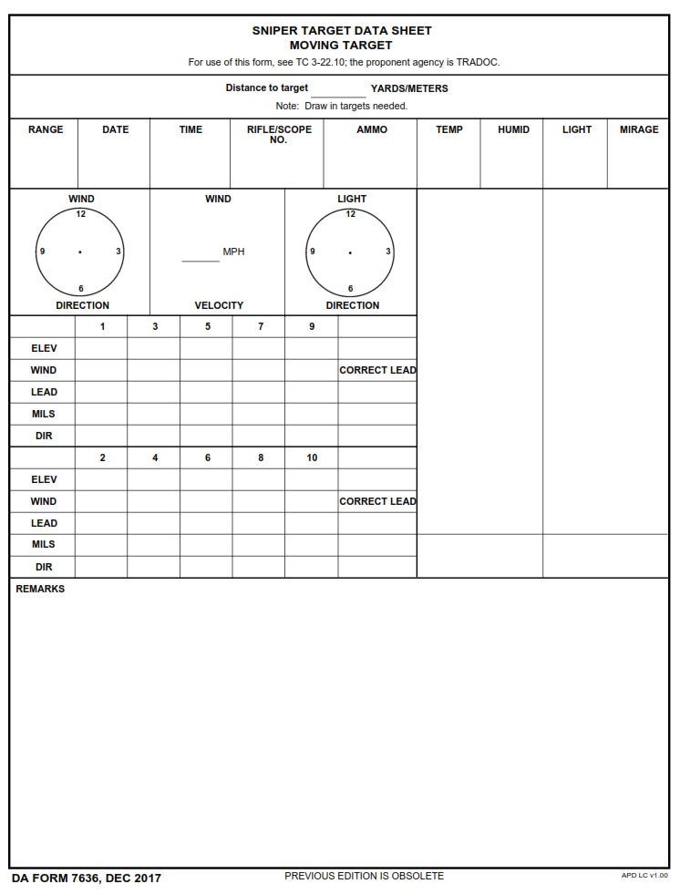 DA FORM 7636 - Sniper Target Data Sheet Moving Target