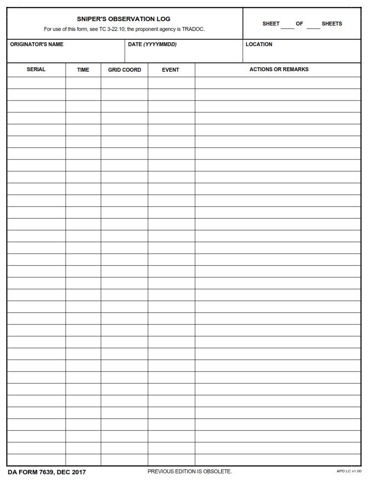 DA FORM 7639 - Sniper's Observation Card