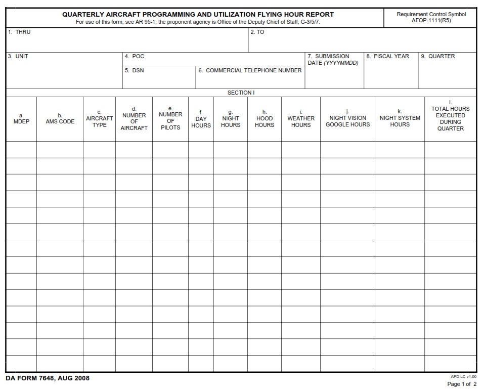 DA FORM 7648 - Quarterly Aircraft Programming And Utilization Flying Hour Report - Page 1