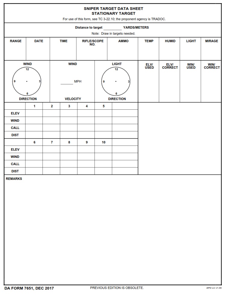 DA FORM 7651 - Sniper Target Data Sheet Stationary Target