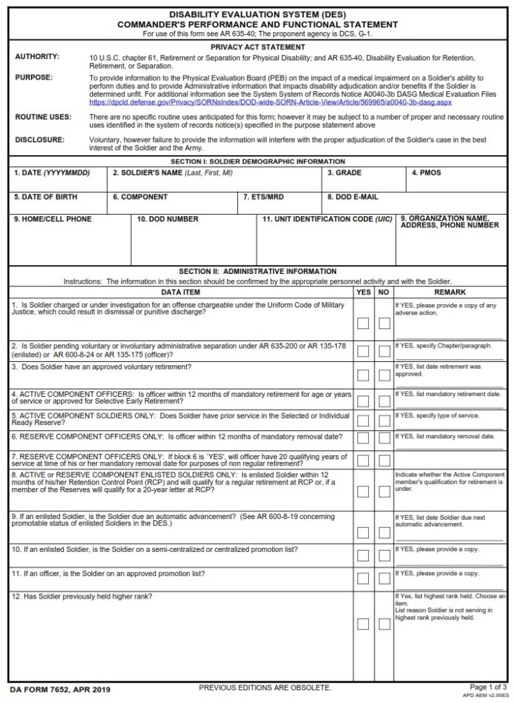 DA FORM 7652 - Disability Evaluation System (DES) Commander's Performance and Functional Statement