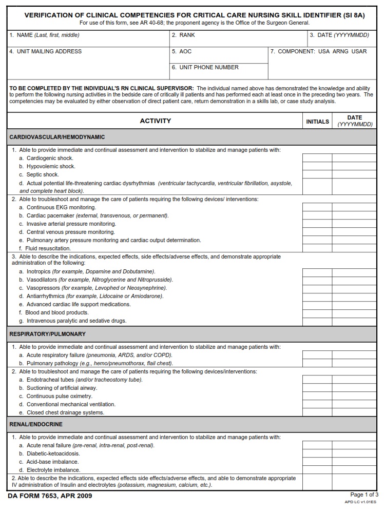 DA FORM 7653 - Verification Of Clinical Competencies For Critical Care Nursing Skill Identifier (SI 8A)