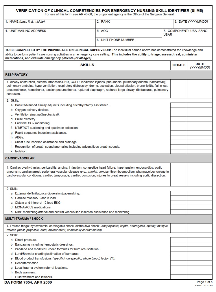 DA FORM 7654 - Verification Of Clinical Competencies For Emergency Nursing Skill Identifier (SI M5)