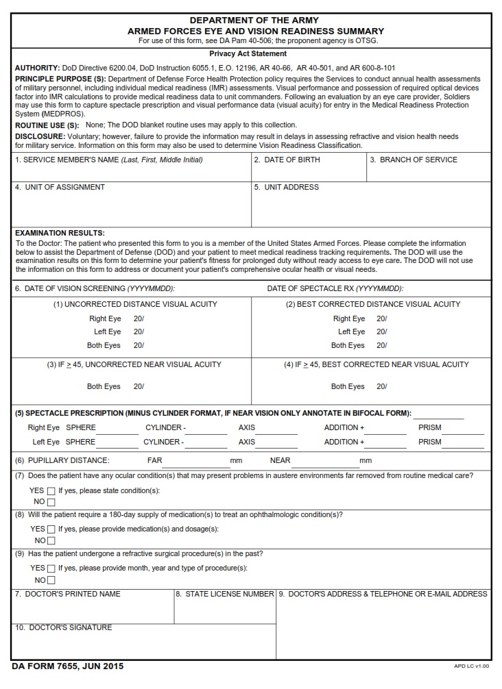 DA FORM 7655 - Armed Forces Eye And Vision Readiness Summary