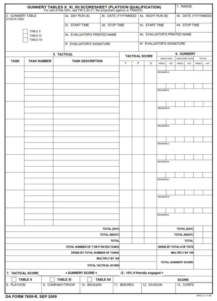 DA FORM 7658-R - Gunnery Tables X, XI, XII Scoresheet (Platoon Qualification)