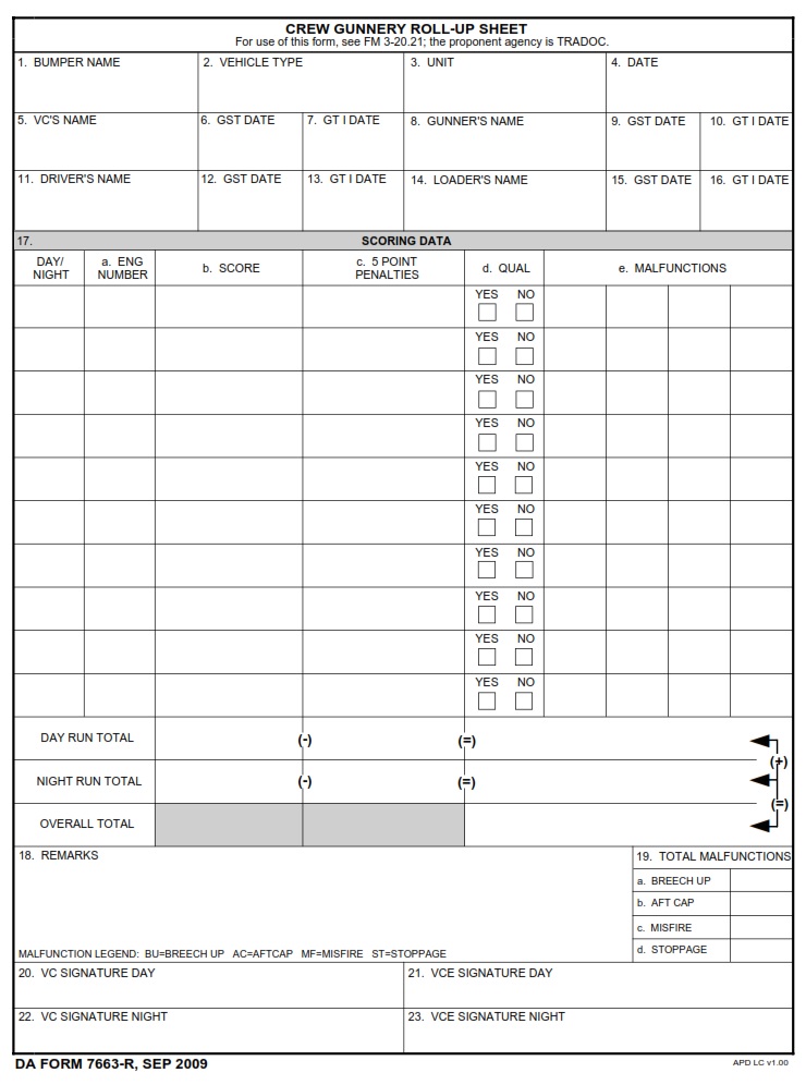 DA FORM 7663-R - Crew Gunnery Roll-Up Sheet