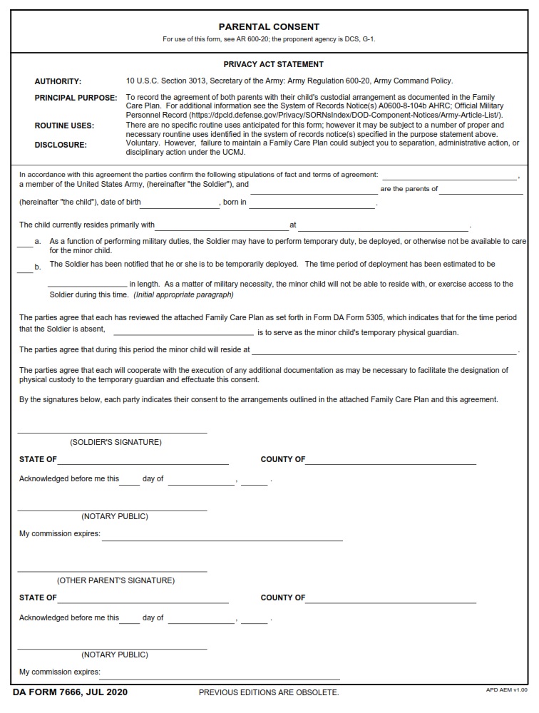 DA FORM 7666 - Parental Consent