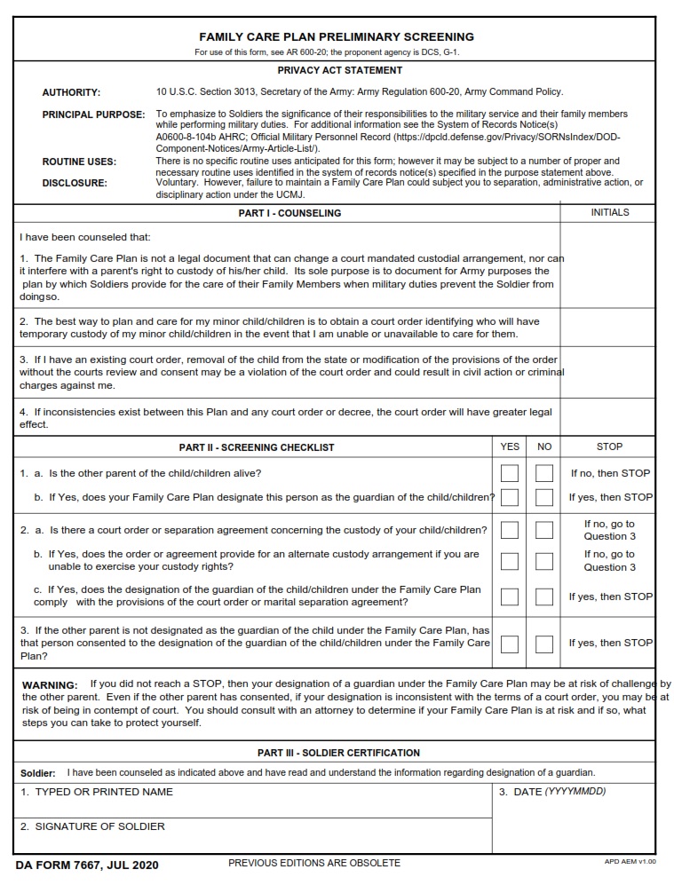 DA FORM 7667 - Family Care Plan Preliminary Screening