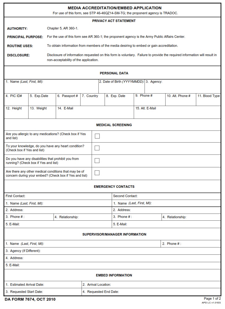 DA FORM 7674 - Media Accreditation-Embed Application - Page 1