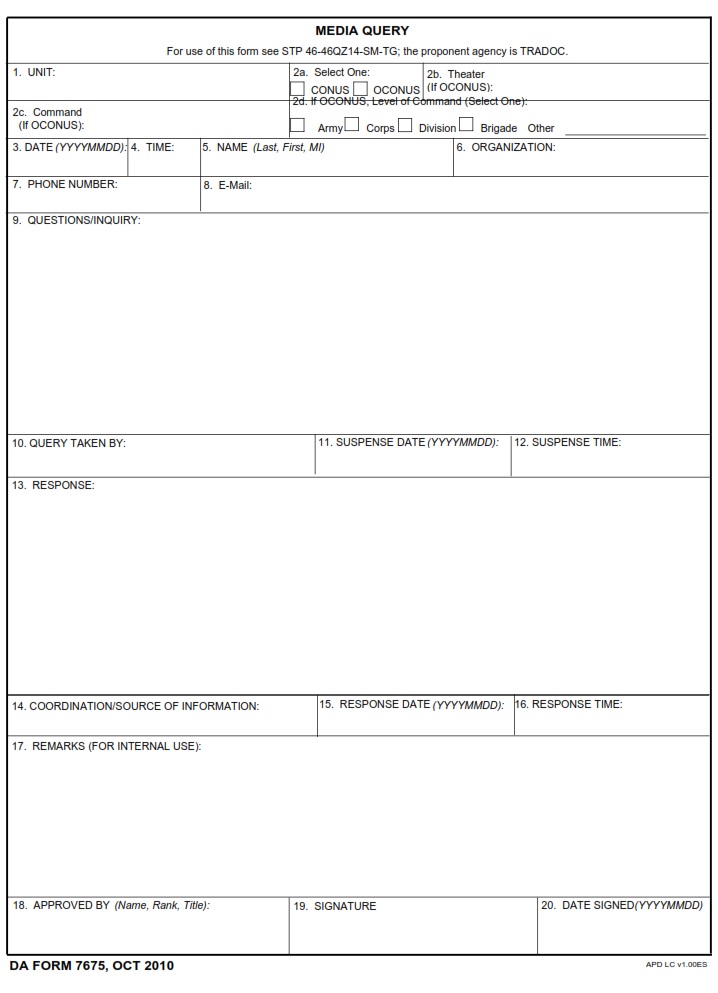 DA FORM 7675 - Media Query Form