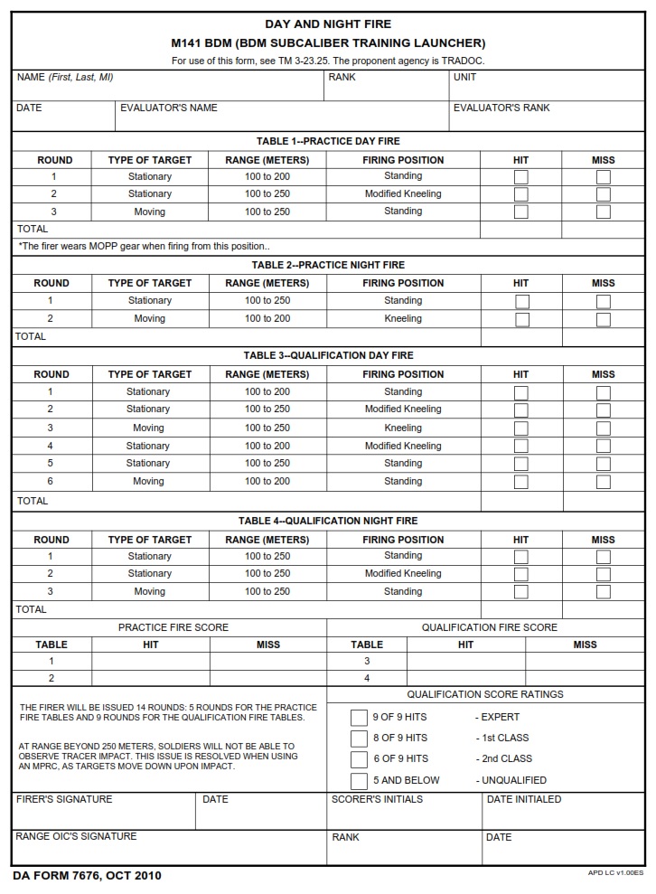 DA FORM 7676 - Day And Night Fire M141 BDM (BDM Subcaliber Training Launcher)