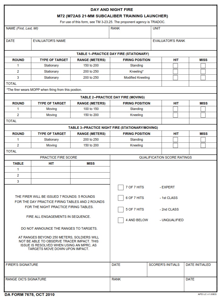 DA FORM 7678 - Day And Night Fire M72 (M72AS 21-mm Subcaliber Training Launcher)