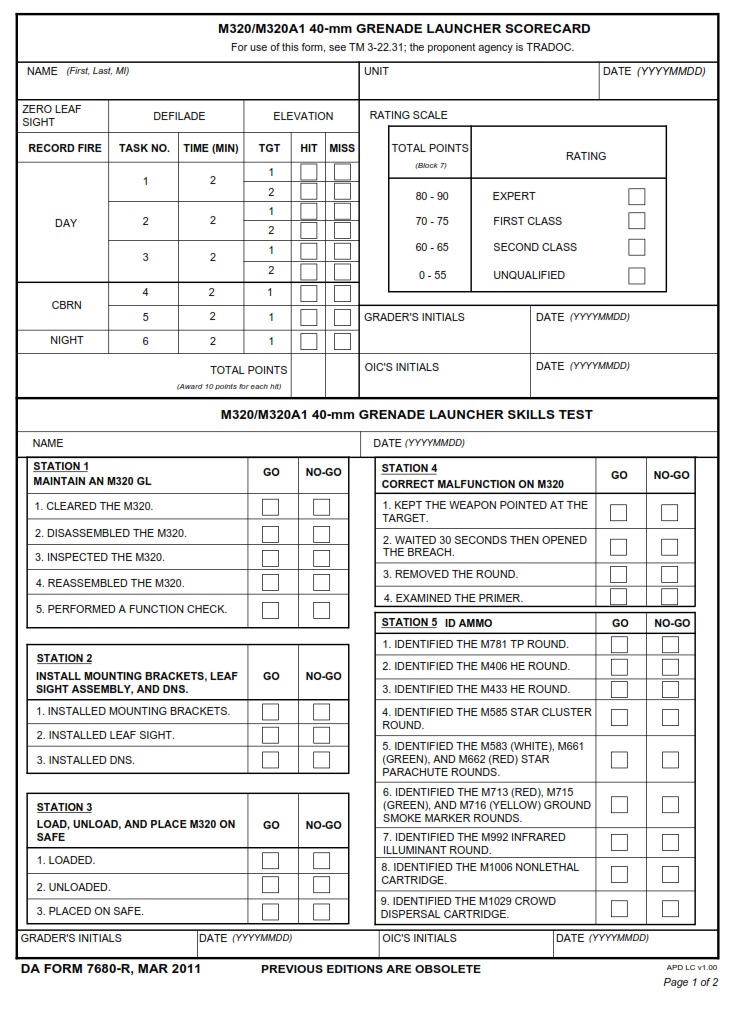 DA FORM 7680-R - M320-M320A1 40-mm Grenade Launcher Scorecard - Page 1