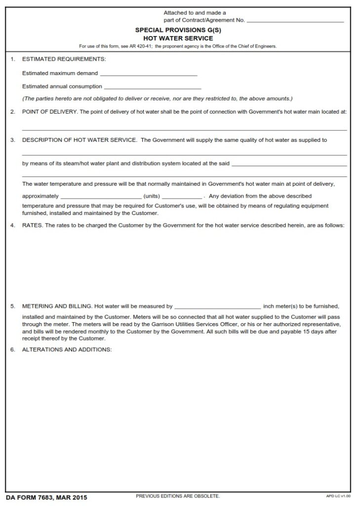 DA FORM 7683 - Special Provisions G(S) Hot Water Service