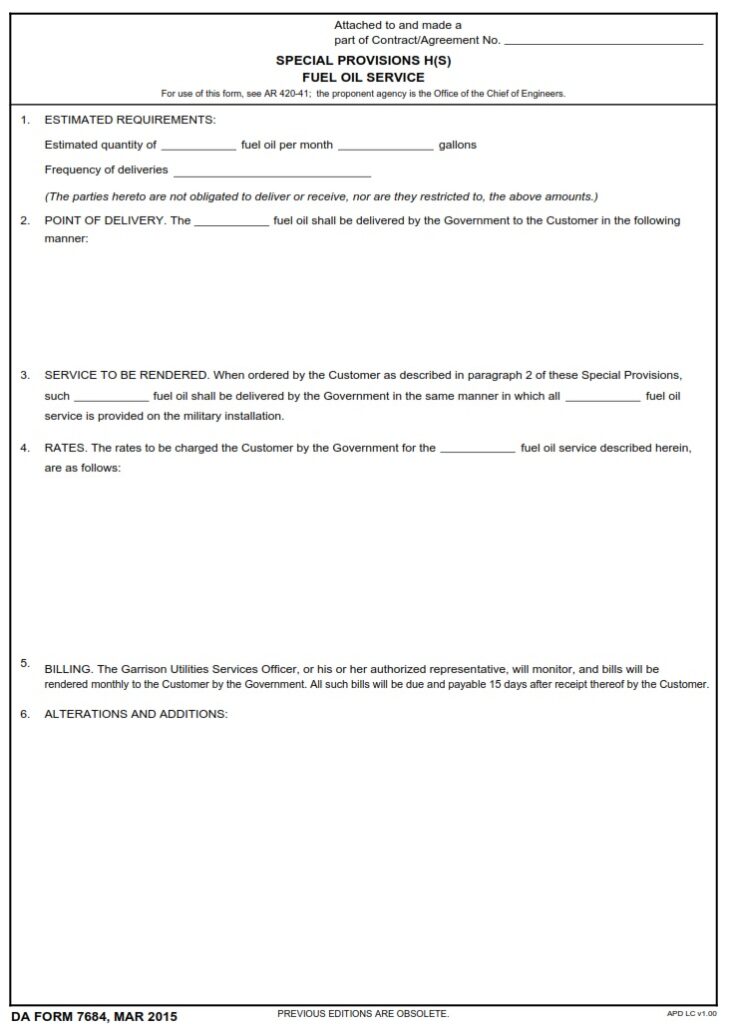 DA FORM 7684 - Special Provisions H(S) Fuel Oil Service