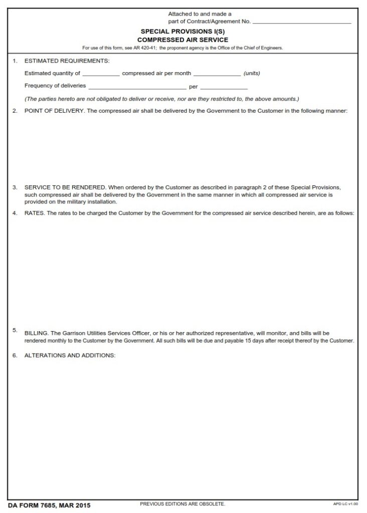 DA FORM 7685 - Special Provisions I(S) Compressed Air Service