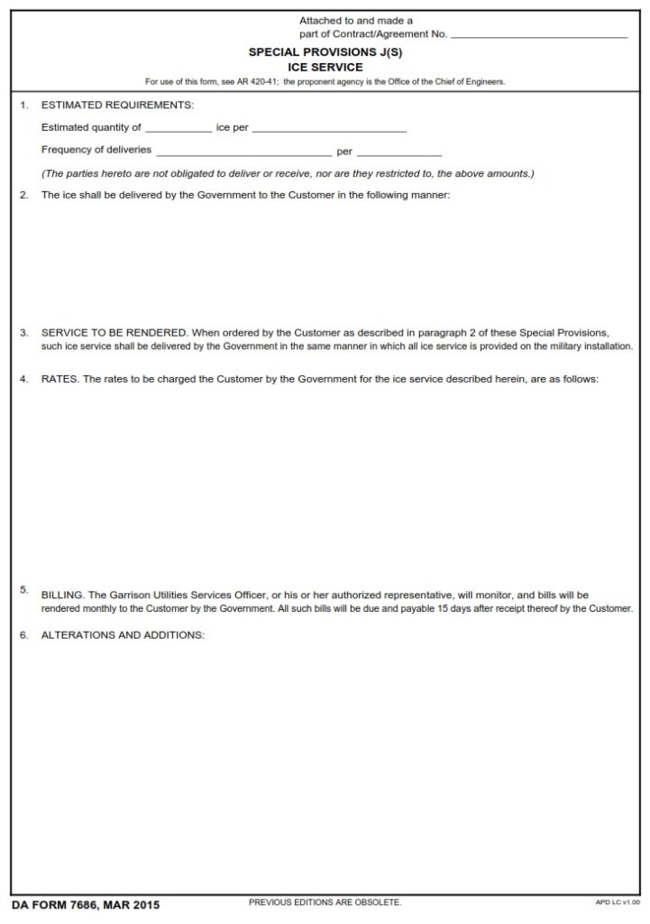 DA FORM 7686 - Special Provisions J(S) Ice Service