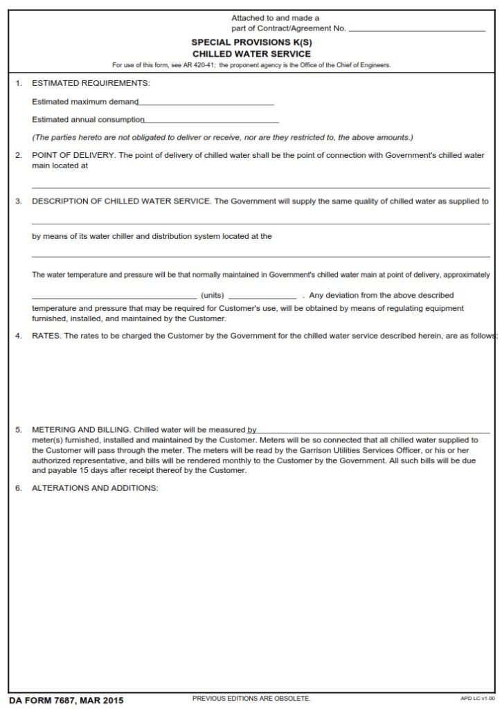 DA FORM 7687 - Special Provisions K(S) Chilled Water Service