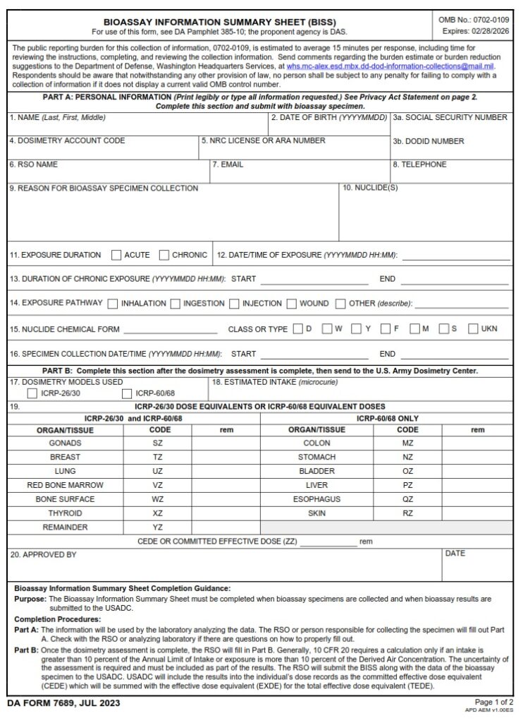 DA FORM 7689 - Bioassay Information Summary Sheet (BISS)