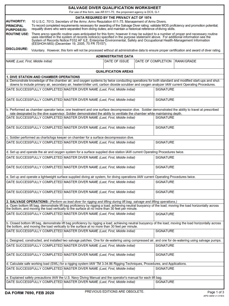 DA FORM 7690 - Salvage Diver Qualification Worksheet