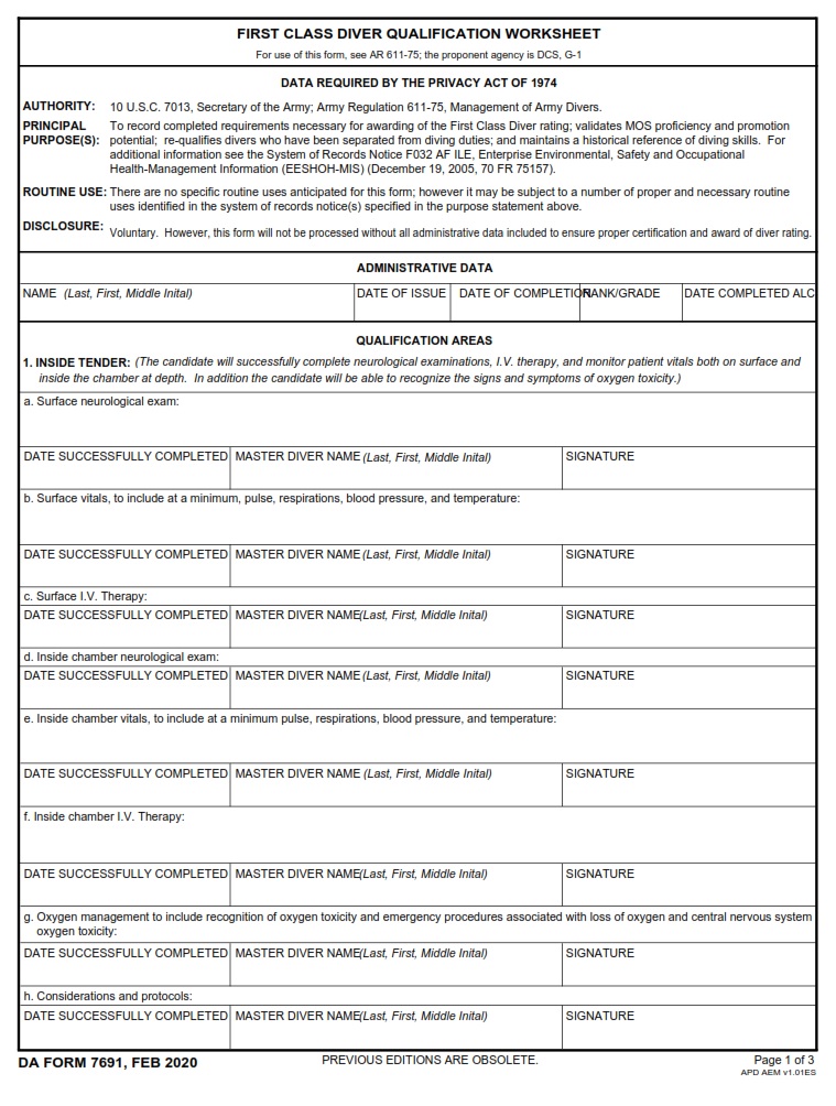 DA FORM 7691 - First Class Diver Qualification Worksheet