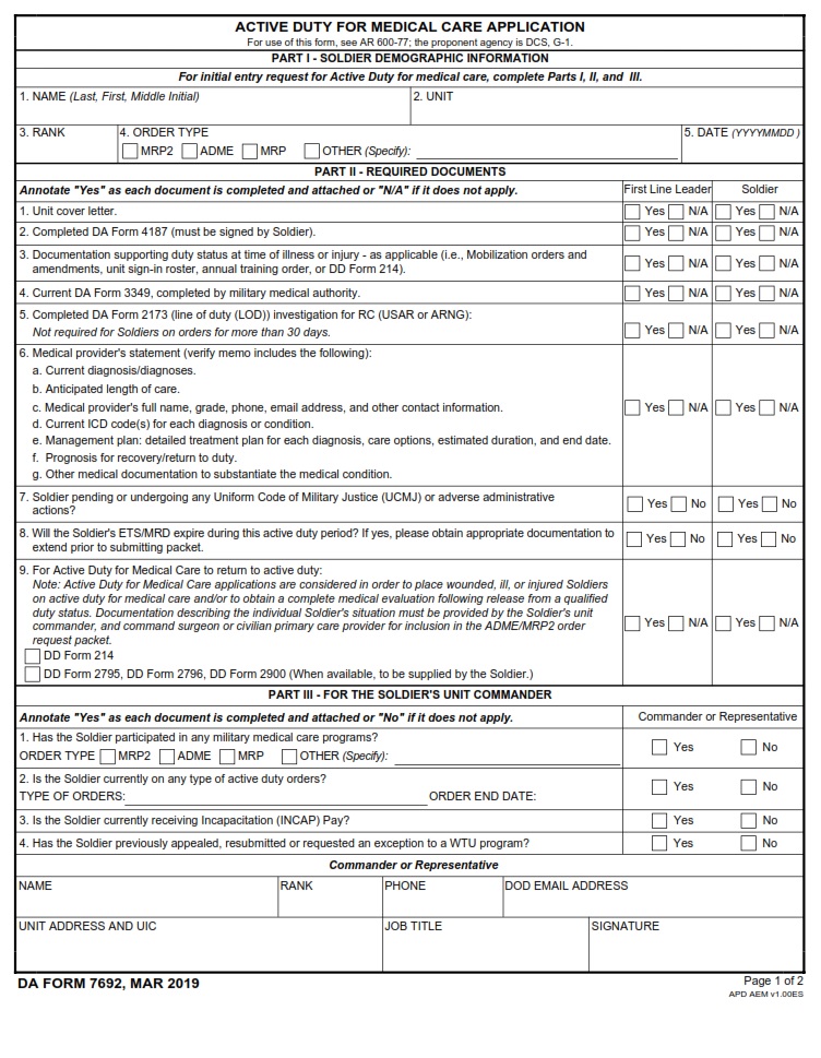 DA FORM 7692 - Active Duty For Medical Care Application - Page 1