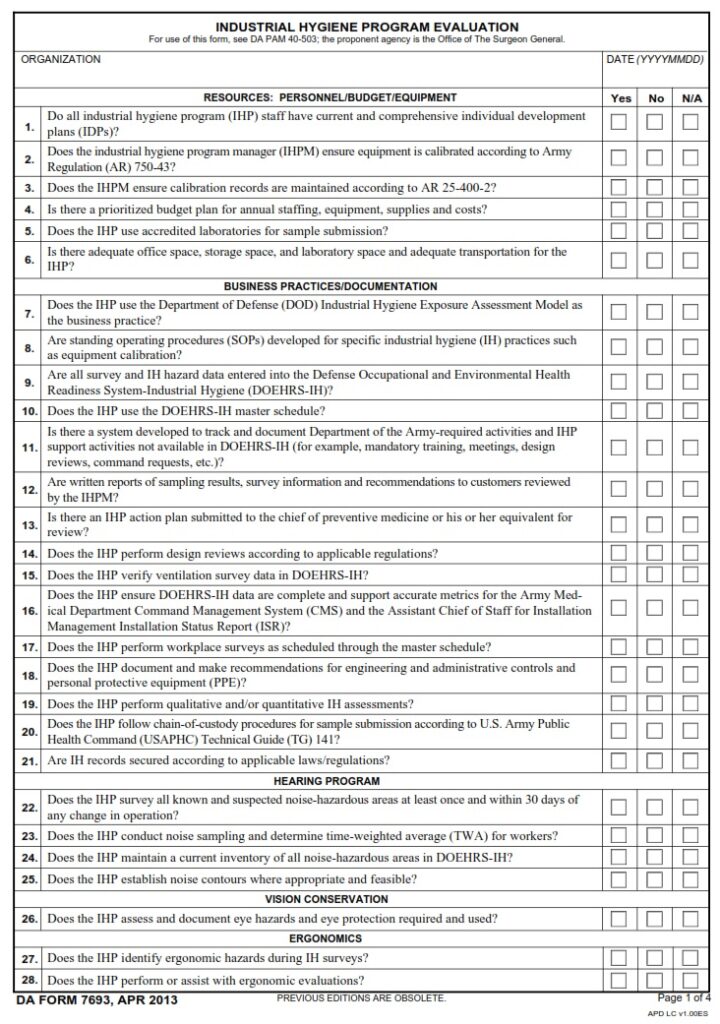 DA FORM 7693 - Industrial Hygiene Program Evaluation - Page 1