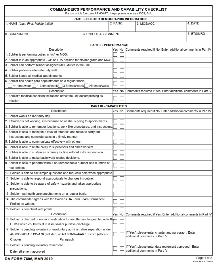 DA FORM 7696 - Commander's Performance And Capability Checklist