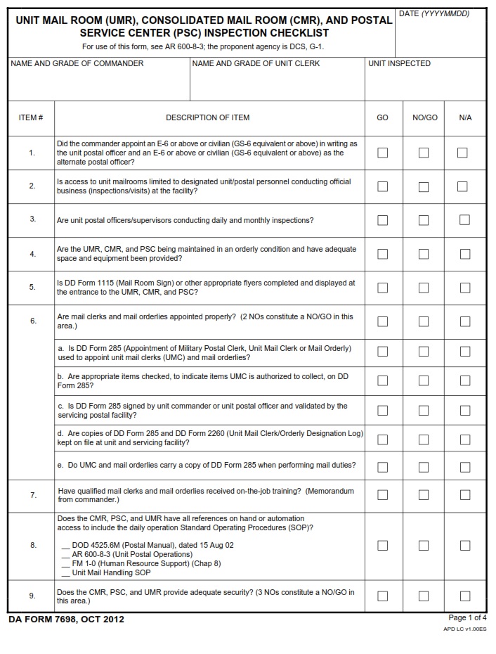 DA FORM 7698 - Unit Mail Room (UMR), Consolidated Mail Room (CMR), and Postal Service Center (PSC) Inspection Checklist