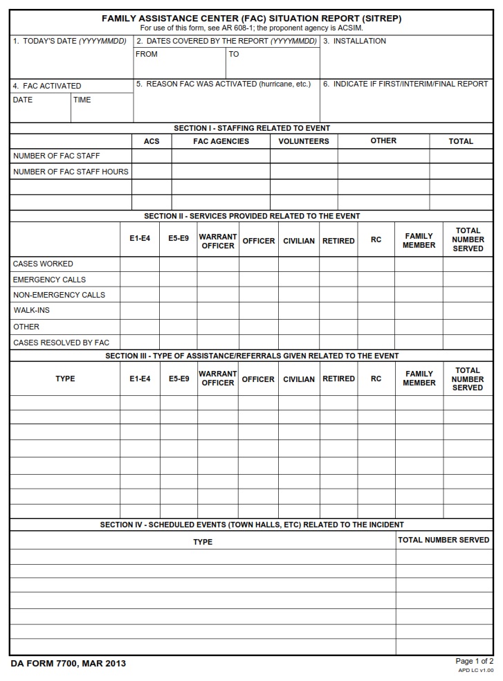 DA FORM 7700 - Family Assistance Center (FAC) Situation Report (SITREP)