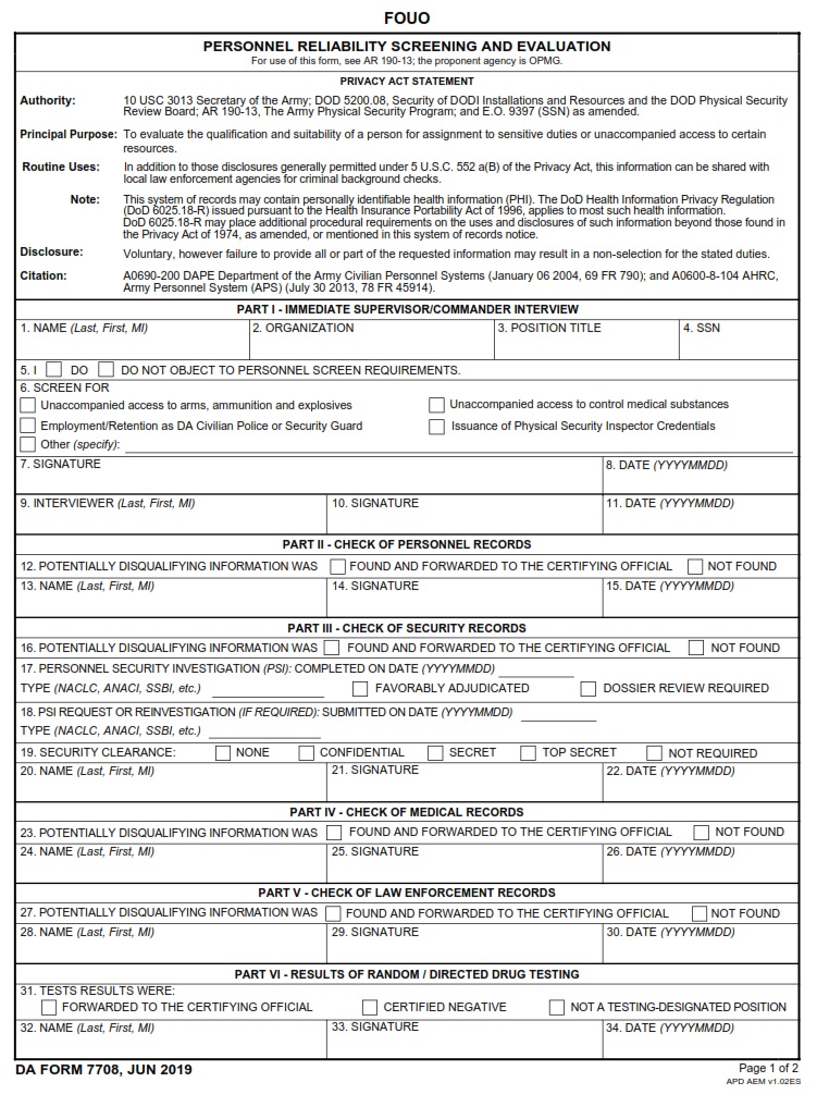 DA FORM 7708 - Personnel Reliability Screening And Evaluation - Page 1