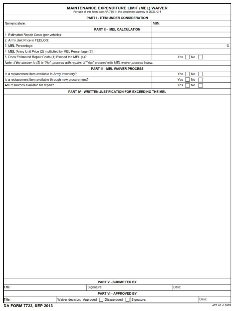 DA FORM 7723 - Maintenance Expenditure Limit (MEL) Waiver