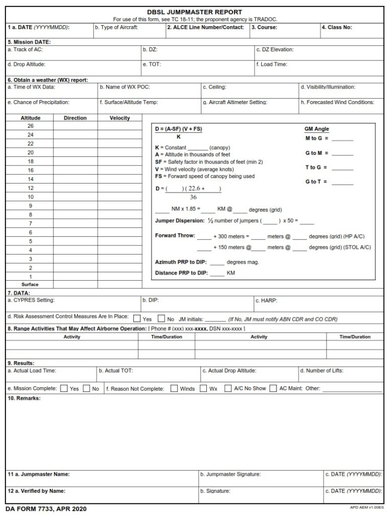 DA FORM 7733 - DBSL Jumpmaster Report