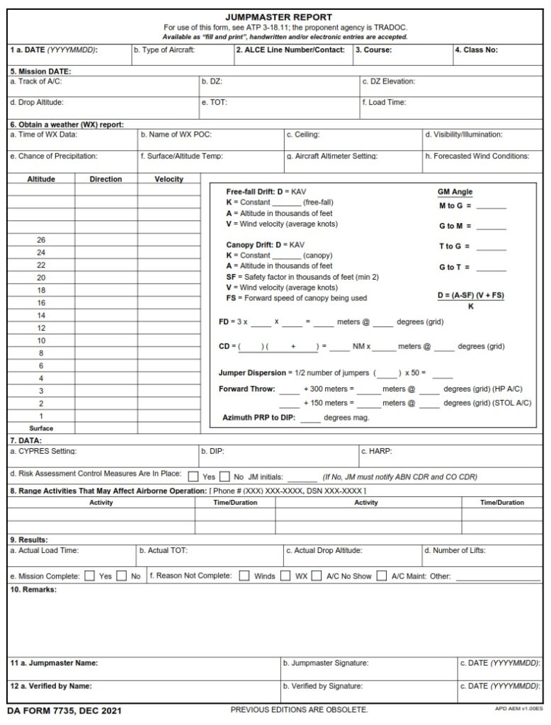 DA FORM 7735 - Jumpmaster Report