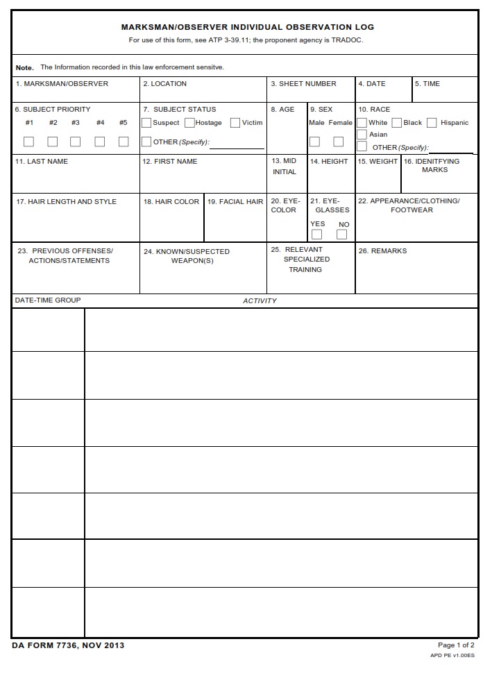 DA FORM 7736 - Marksman-Observer Individual Observation Log