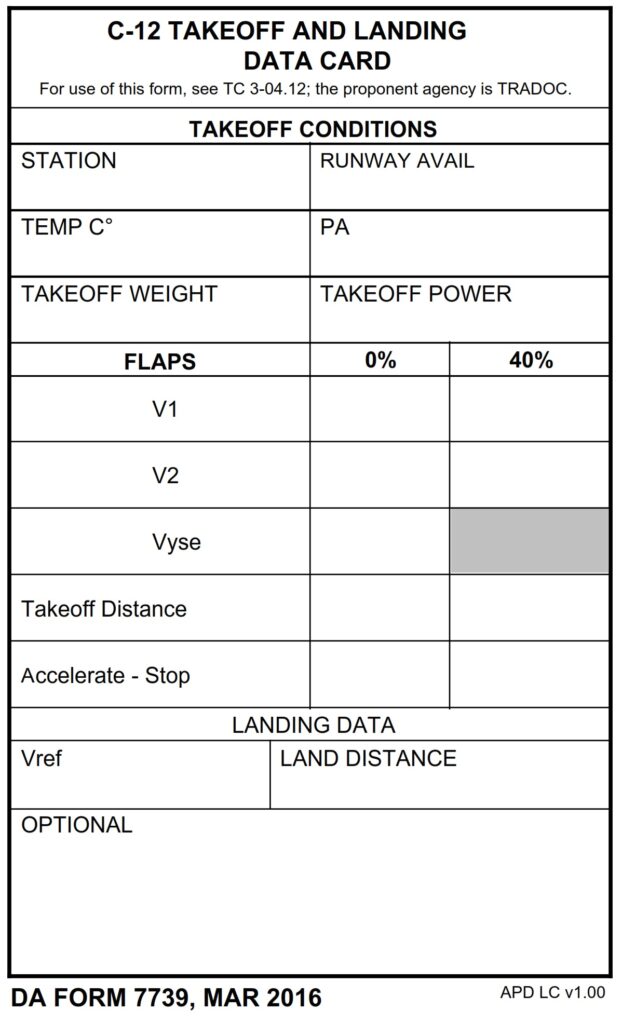 DA FORM 7739 - C-12 Takeoff and Landing Data Card - Page 1