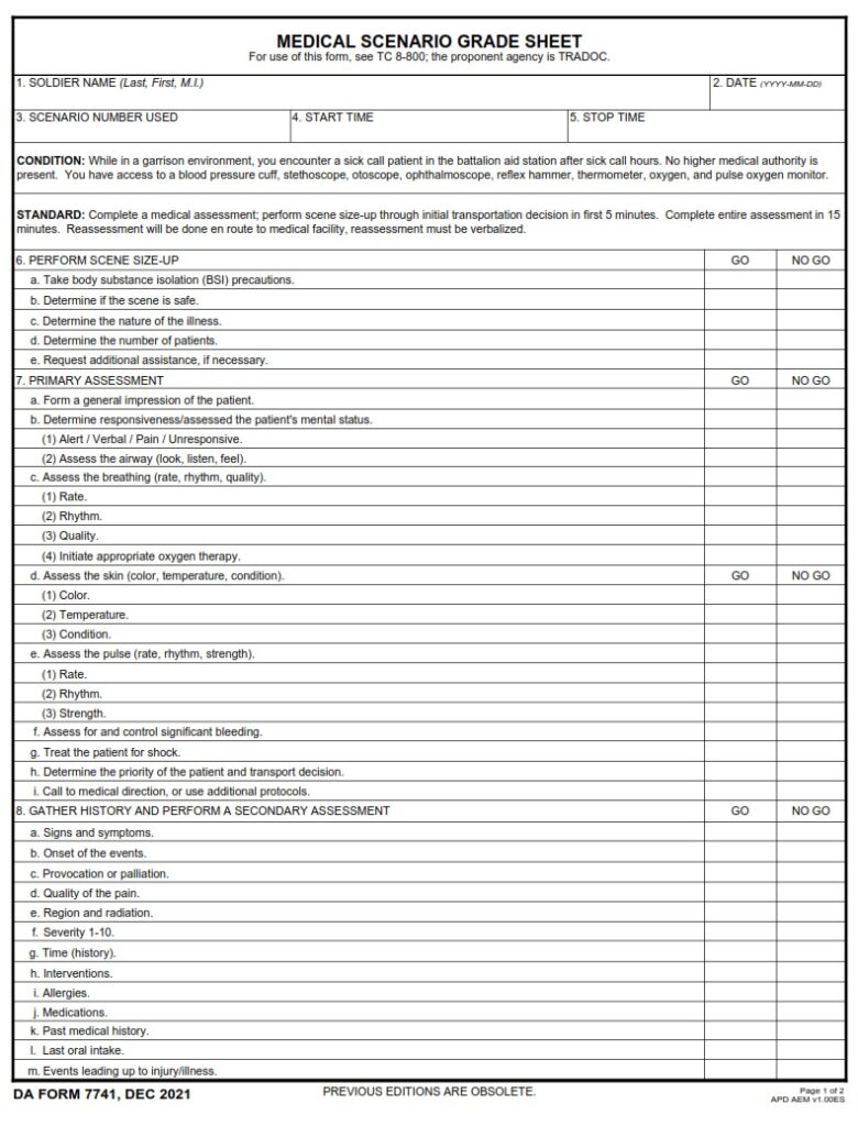 DA FORM 7741 - Medical Scenario Grade Sheet