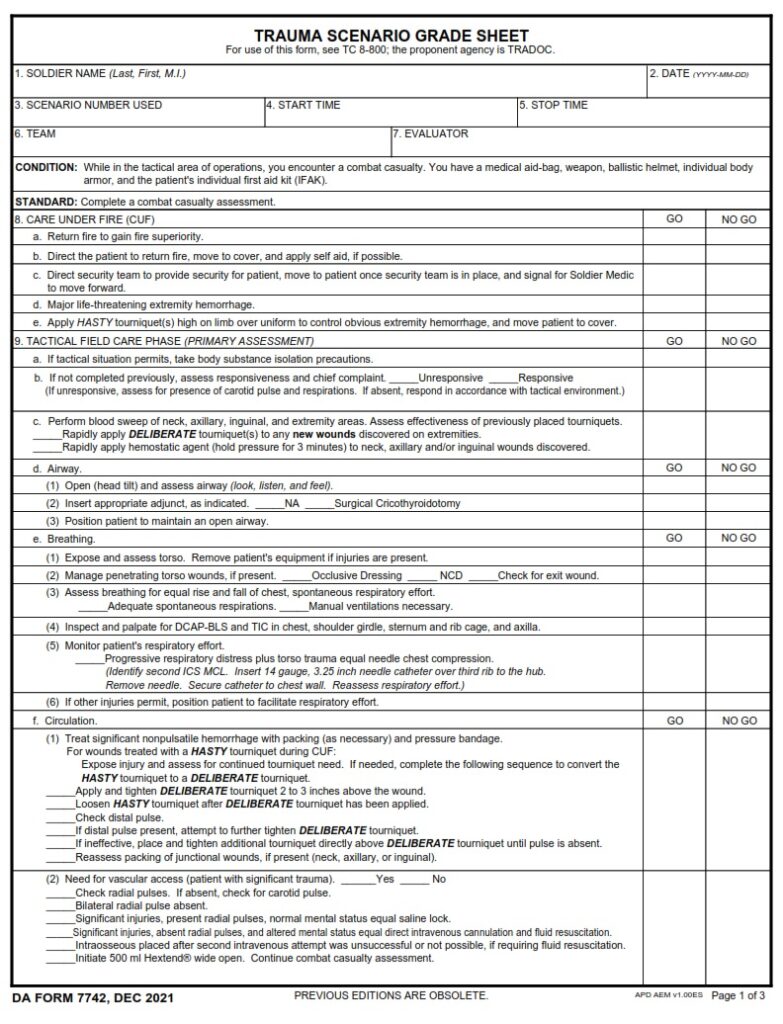 DA FORM 7742 - Trauma Scenario Grade Sheet - Page 1