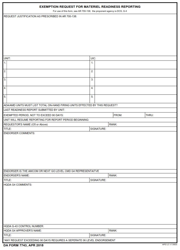 DA FORM 7743 - Exemption Request For Materiel Readiness Reporting