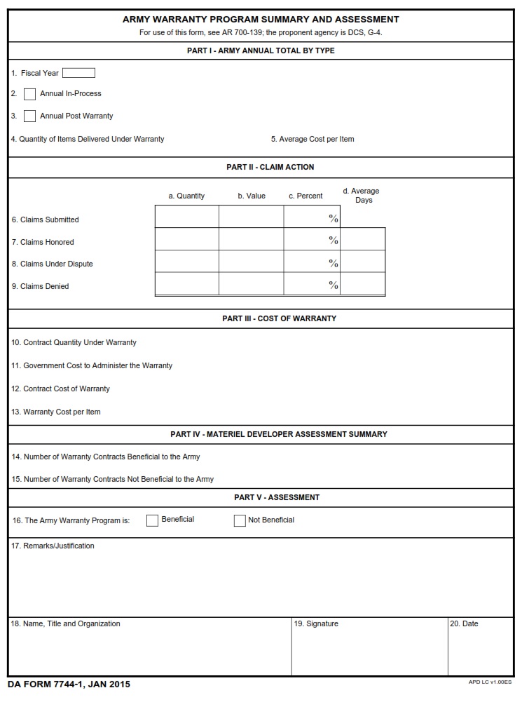 DA FORM 7744-1 - Army Warranty Program Summary And Assessment