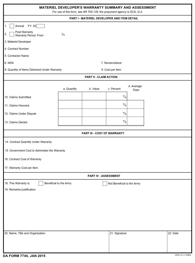 DA FORM 7744 - Materiel Developer S Warranty Summary And Assessment