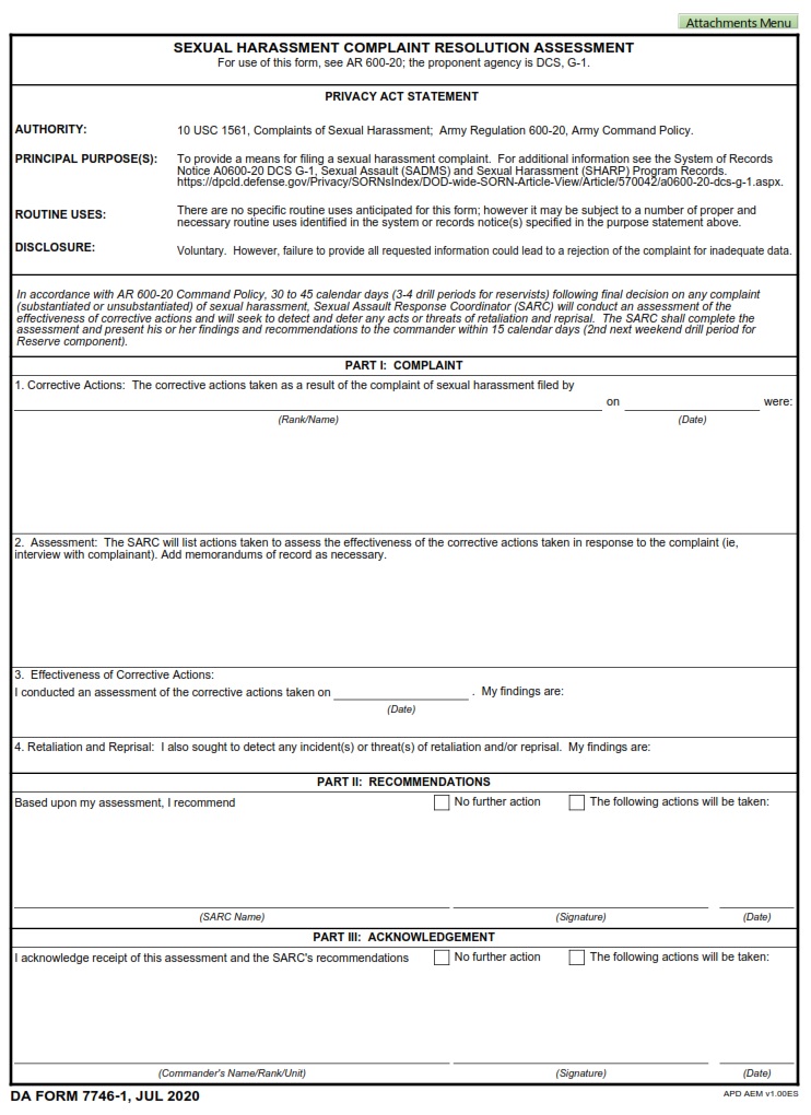 DA FORM 7746-1 - Sexual Harassment Complaint Resolution Assessment