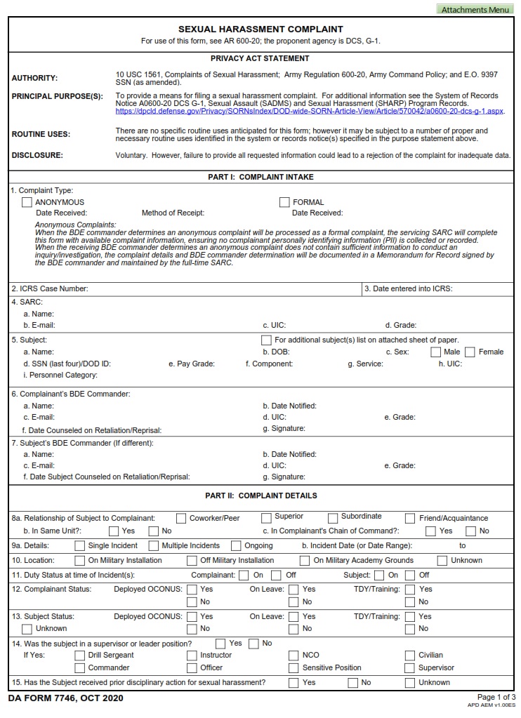 DA FORM 7746 - Sexual Harassment Complaint - Page 1