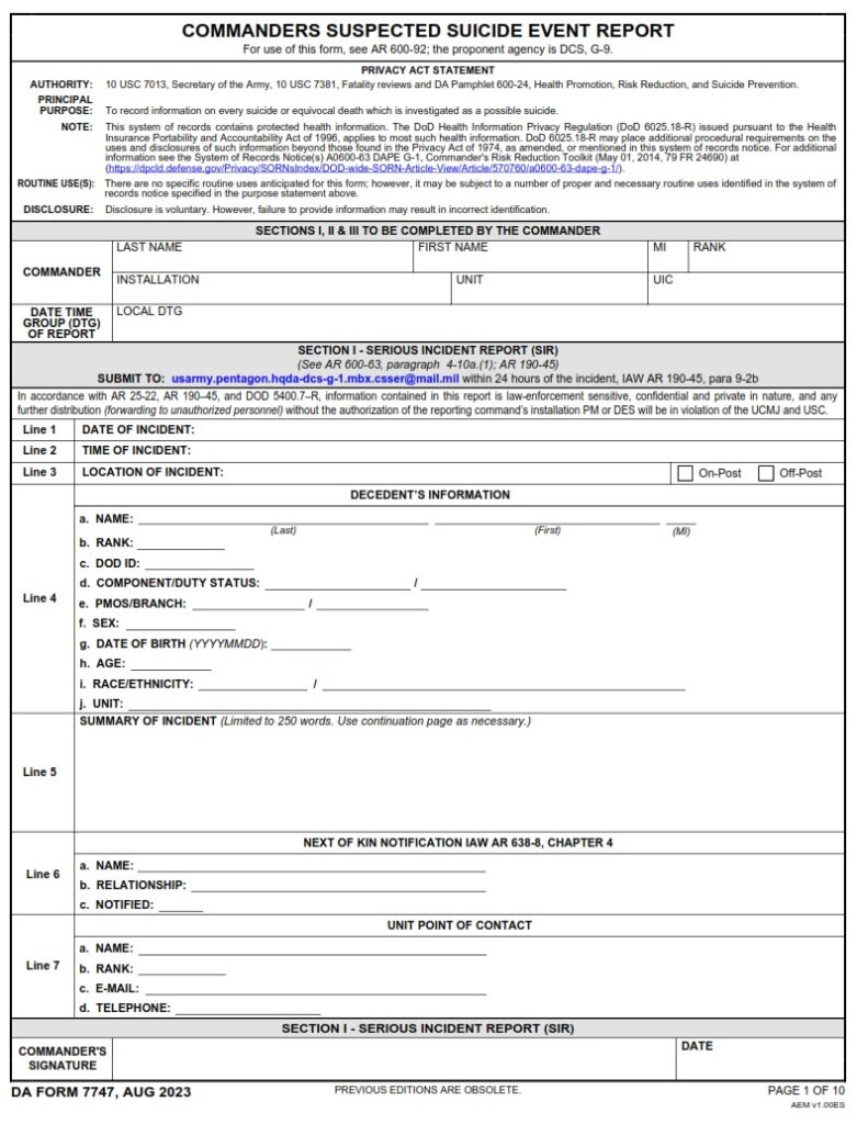 DA FORM 7747 - Commanders Suspected Suicide Event Report