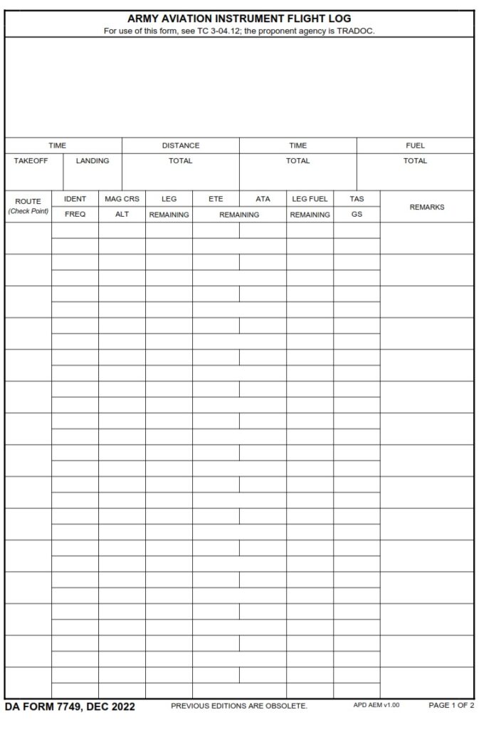 DA FORM 7749 - Army Aviation Instrument Flight Log - Page 1